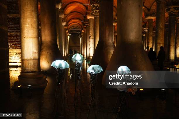 View of lighted jellyfish sculptures at Basilica Cistern in Istanbul, Turkiye on April 28, 2023. The Basilica Cistern has been built by the Byzantine...