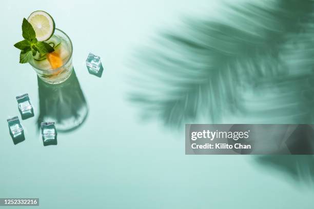 summer cocktail drinks with fresh ingredients and palm tree shadow - alcohol top view stock pictures, royalty-free photos & images