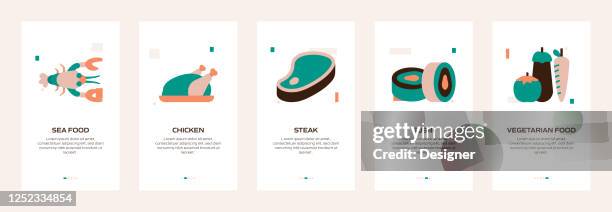 restaurant, food and drink concept onboarding mobile app page screen with flat icons. ux, ui design template vector illustration - lunch icon stock illustrations