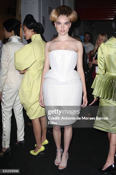 Models backstage at the Corrie Nielsen Spring/Summer 2012 show at London Fashion Week at Somerset House on September 16, 2011 in London, England.