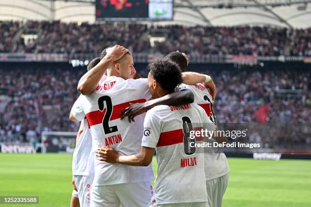 Serhou Guirassy of VfB Stuttgart celebrates after scoring his team's first goal with teammates during the Bundesliga match between VfB Stuttgart and...