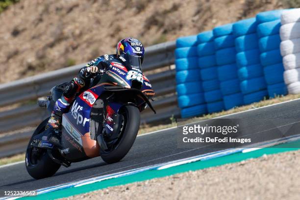 Miguel Oliveira of Portugal and CryptoDATA RNF MotoGP Team speeds up during the MotoGP Of Spain - Qualifying on April 29, 2023 in Jerez de la...