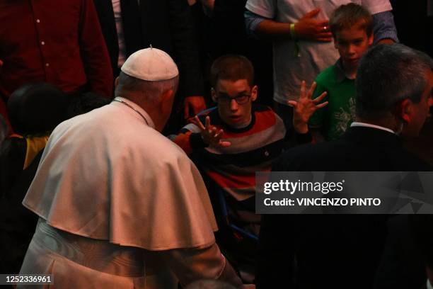 Pope Francis meets with young people at Papp Laszlo Sportarena during his visit in Budapest, Hungary, April 29, 2023.