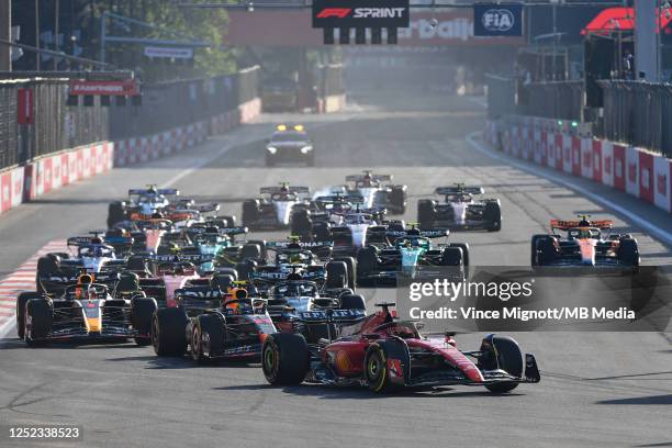 The sprint race start during sprint race ahead of the F1 Grand Prix of Azerbaijan at Baku City Circuit on April 29, 2023 in Baku, Azerbaijan.