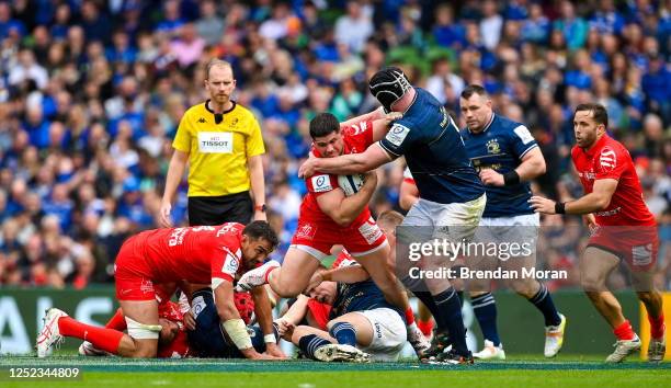 Dublin , Ireland - 29 April 2023; Julien Marchand of Toulouse is tackled by James Ryan of Leinster during the Heineken Champions Cup Semi Final match...