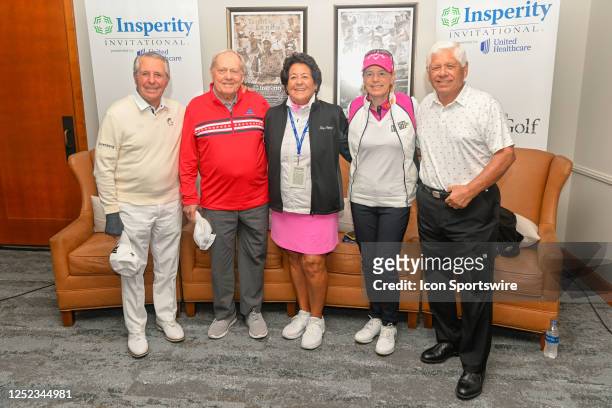 Gary Player, Jack Nicklaus, Nancy Lopez, Annika Sorenstam, and Lee Trevino stop for a group photo following the Folds of Honor Greats of Golf press...
