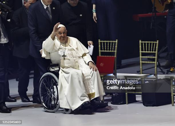 April 29: Pope Francis arrives for a meeting with young people at Papp Laszlo Sportarena during his visit in Budapest, Hungary, April 29, 2023.