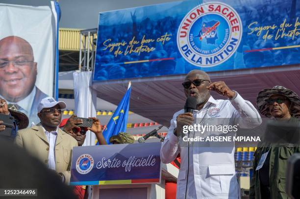 Vital Kamerhe, Democratic Republic of Congo Minister of Economy, addresses supporters of the Union sacrée , the new majority governing coalition in...