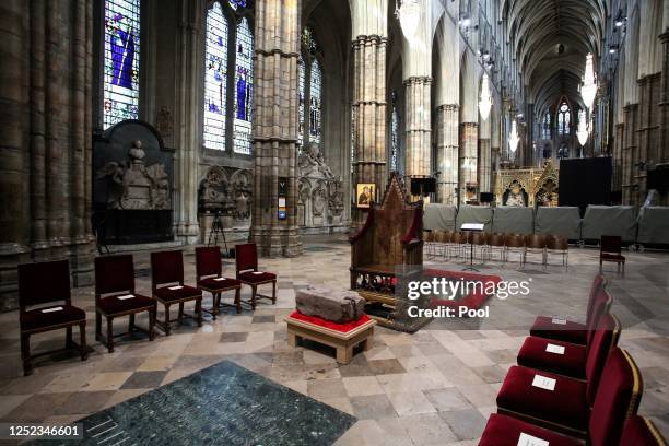 The Stone of Destiny is pictured inside Westminster Abbey during a welcome ceremony on April 29, 2023 in London, England. The stone, an ancient...