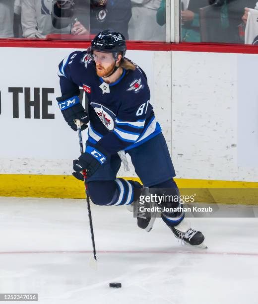 Kyle Connor of the Winnipeg Jets plays the puck during first period action against the Vegas Golden Knights in Game Three of the First Round of the...