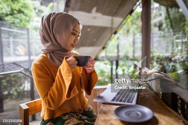 schöne asiatische frauen mit laptop im freien - südostasiatischer abstammung stock-fotos und bilder