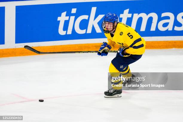 Tom Willander of Sweden in action during the semi final of U18 Ice Hockey World Championship match between Sweden and Canada at St. Jakob-Park on...