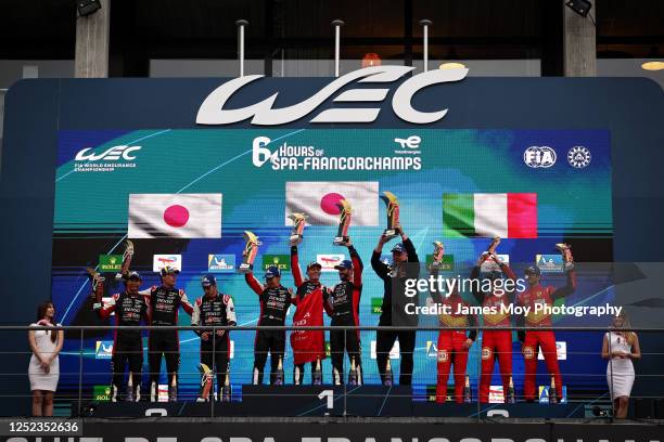 The podium : Ryo Hirakawa of Japan, Brendon Hartley of New Zealand, Sebastien Buemi of Switzerland Toyota Gazoo Racing, second; Kamui Kobayashi of...