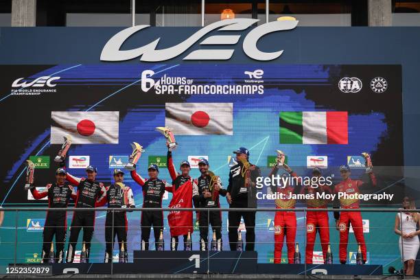 The podium : Ryo Hirakawa of Japan, Brendon Hartley of New Zealand, Sebastien Buemi of Switzerland Toyota Gazoo Racing, second; Kamui Kobayashi of...