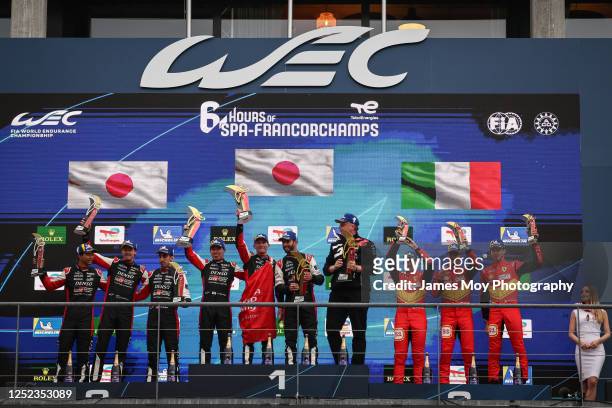 The podium : Ryo Hirakawa of Japan, Brendon Hartley of New Zealand, Sebastien Buemi of Switzerland Toyota Gazoo Racing, second; Kamui Kobayashi of...