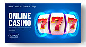 Golden slot machine with flying golden coins wins the jackpot. Online casino. Web landing page template or banner for internet casino. Big win concept.
