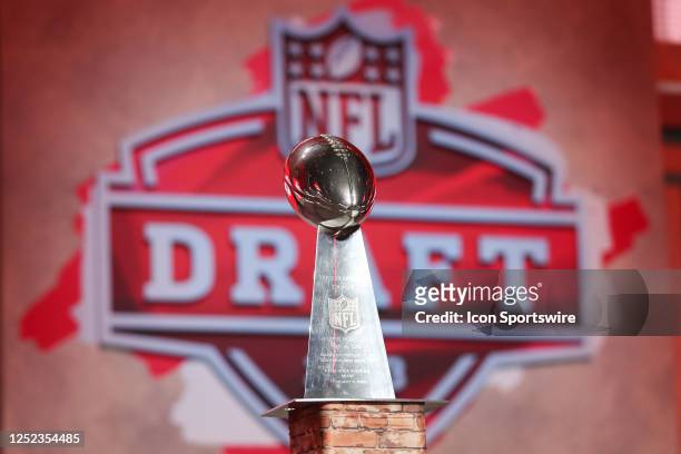 View of a Kansas City Chiefs Lombardi Trophy with the NFL Draft logo in the background during first round of the NFL Draft Red Carpet event on April...