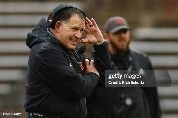 Head coach Greg Schiano of the Rutgers Scarlet Knights reacts during their Scarlet-White Spring football game at SHI Stadium on April 29, 2023 in...