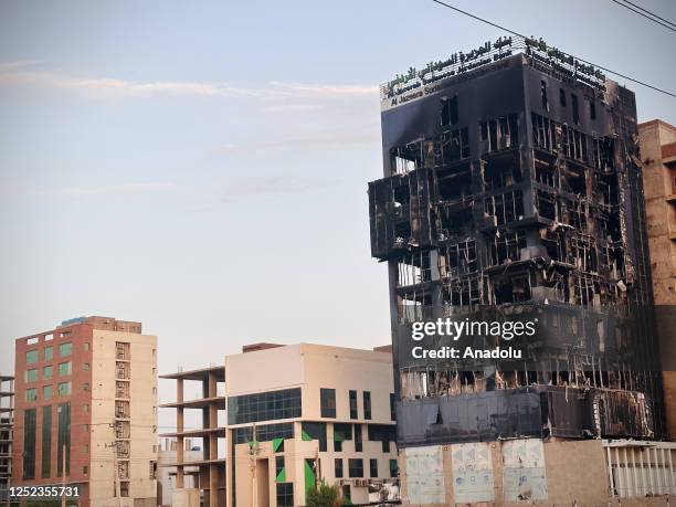 View of a bank building burnt out in clashes between the Sudanese Armed Forces and the paramilitary Rapid Support Forces despite the ceasefire in...