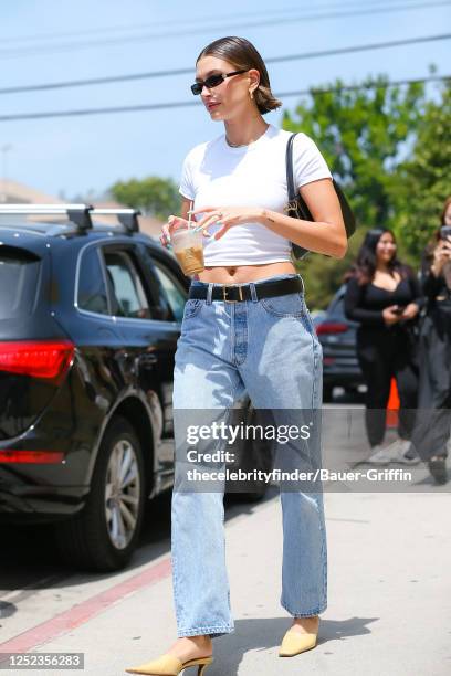 Hailey Bieber is seen on April 29, 2023 in Los Angeles, California.