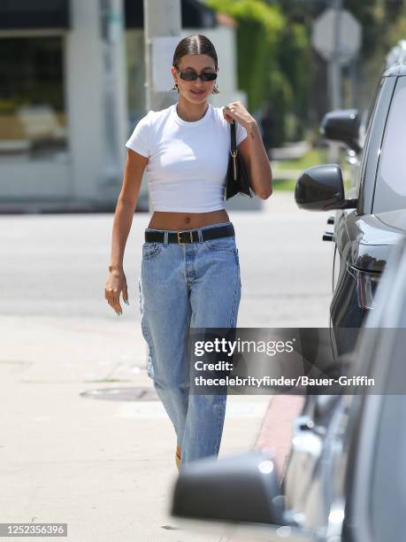 Hailey Bieber is seen on April 29, 2023 in Los Angeles, California.