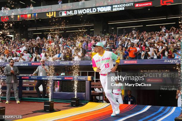 Manny Machado of the San Diego Padres is introduced prior to the game between the San Francisco Giants and the San Diego Padres at Alfredo Harp Helú...