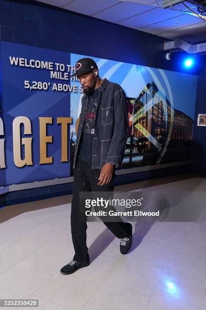 Kevin Durant of the Phoenix Suns arrives to the arena before Game One of the Western Conference Semi-Finals of the 2023 NBA Playoffs against the...