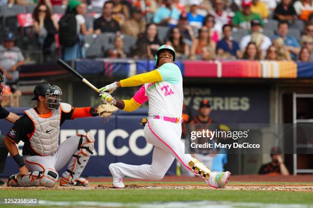 Juan Soto of the San Diego Padres bats during the game between the San Francisco Giants and the San Diego Padres at Alfredo Harp Helú Stadium on...