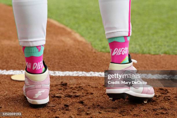 Detail shot of Fernando Tatis Jr. #23 of the San Diego Padres' cleats during the game between the San Francisco Giants and the San Diego Padres at...