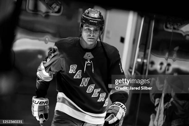 Kaapo Kakko of the New York Rangers takes the ice prior to the game against the New Jersey Devils in Game Six of the First Round of the 2023 Stanley...