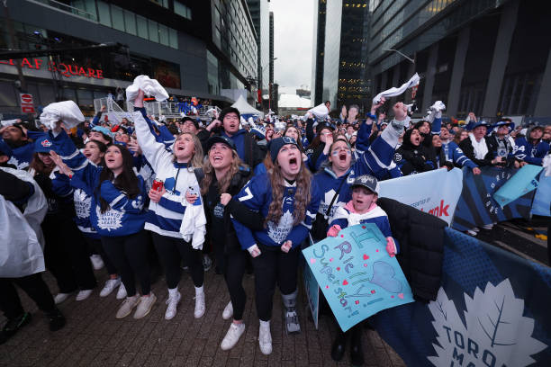 Toronto Maple Leafs fans watch, cheer, react to game 6 of their first round NHL playoffs series against Tampa Bay Lightning on the big screen in...