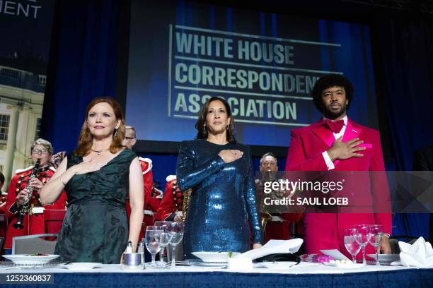 News Kelly O'Donnell, US Vice President Kamala Harris, and Politico's Eugene Daniels attends the White House Correspondents' Association dinner at...