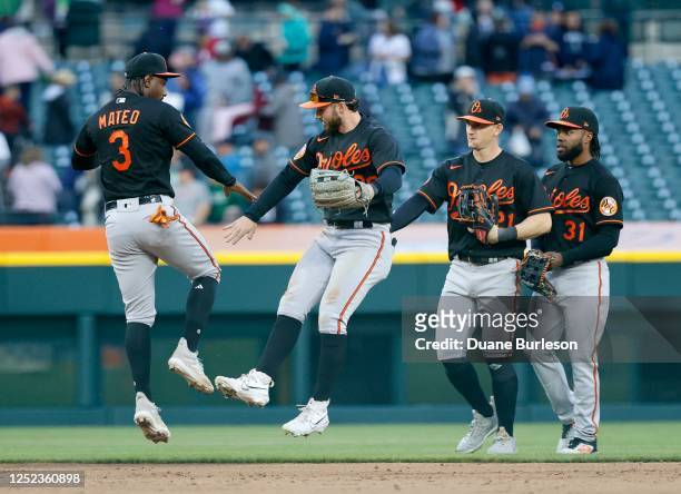 Jorge Mateo of the Baltimore Orioles celebrates with Ryan McKenna, Austin Hays and Cedric Mullins after a 6-4 win over the Detroit Tigers after the...