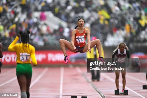 Kelsey Coley of McDonoogh School warms up before the High School Girls 4x100 Championship of America race at the 2023 Penn Relays on April 29, 2023...