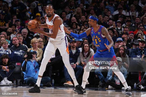 Kevin Durant of the Phoenix Suns handles the ball during Game One of the Western Conference Semi-Finals of the 2023 NBA Playoffs against the Denver...