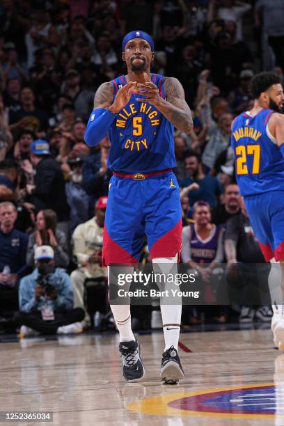 Kentavious Caldwell-Pope of the Denver Nuggets celebrates during Game One of the Western Conference Semi-Finals of the 2023 NBA Playoffs against the...