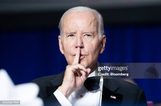 President Joe Biden quiets the crowd during the White House Correspondents' Association dinner in Washington, DC, US, on Saturday, April 29, 2023....