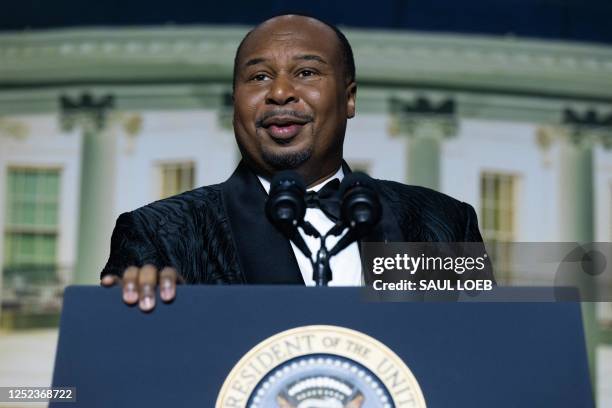 Comedian Roy Wood Jr speaks during the White House Correspondents' Association dinner at the Washington Hilton in Washington, DC, April 29, 2023.