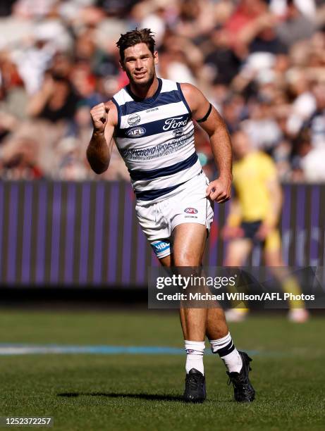 Tom Hawkins of the Cats celebrates a goal during the 2023 AFL Round 07 match between the Essendon Bombers and the Geelong Cats at the Melbourne...