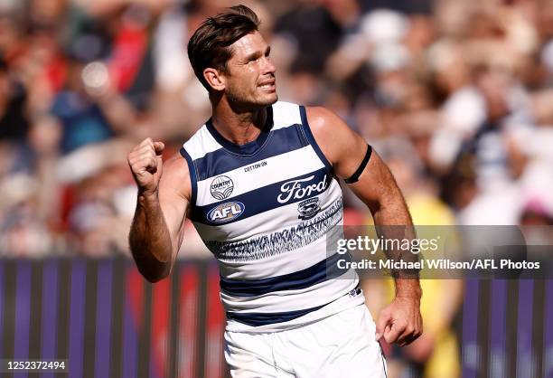 Tom Hawkins of the Cats celebrates a goal during the 2023 AFL Round 07 match between the Essendon Bombers and the Geelong Cats at the Melbourne...