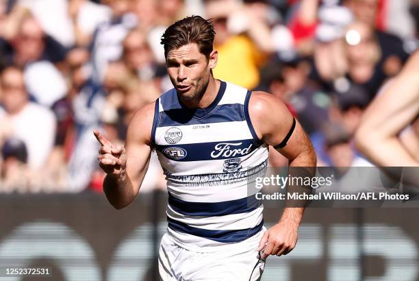 Tom Hawkins of the Cats celebrates a goal during the 2023 AFL Round 07 match between the Essendon Bombers and the Geelong Cats at the Melbourne...