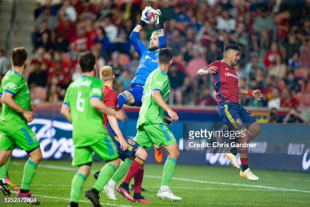 Stefan Frei of the Seattle Sounders FC makes a save on a corner kick during the second half of their game against Real Salt Lake at the America First...