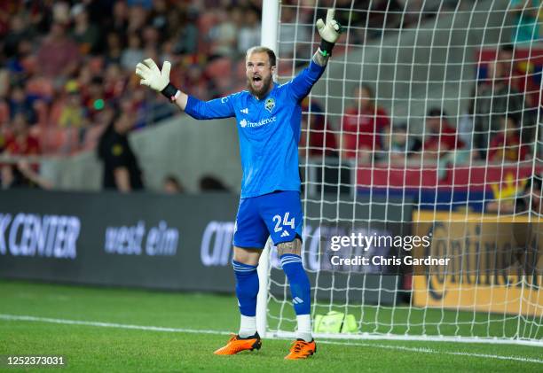 Stefan Frei of the Seattle Sounders FC tries to get his team's attention during the second half of their game against Real Salt Lake at the America...