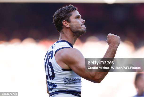Tom Hawkins of the Cats celebrates a goal during the 2023 AFL Round 07 match between the Essendon Bombers and the Geelong Cats at the Melbourne...