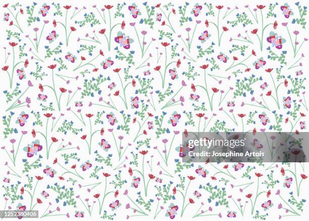 stockillustraties, clipart, cartoons en iconen met butterfly and flower pattern on white background - butterfly white background