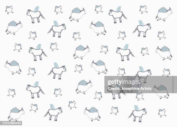 childs drawing unicorn pattern on white background - pegasus 幅插畫檔、美工圖案、卡通及圖標