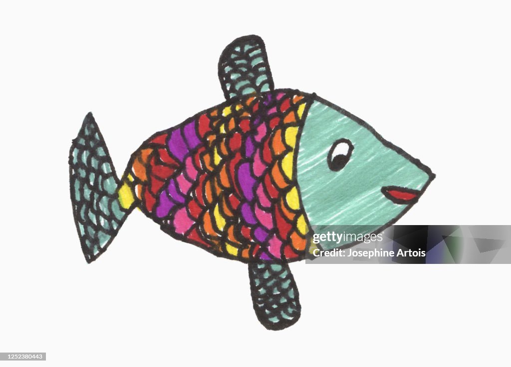 Childs drawing multicolor fish on white background