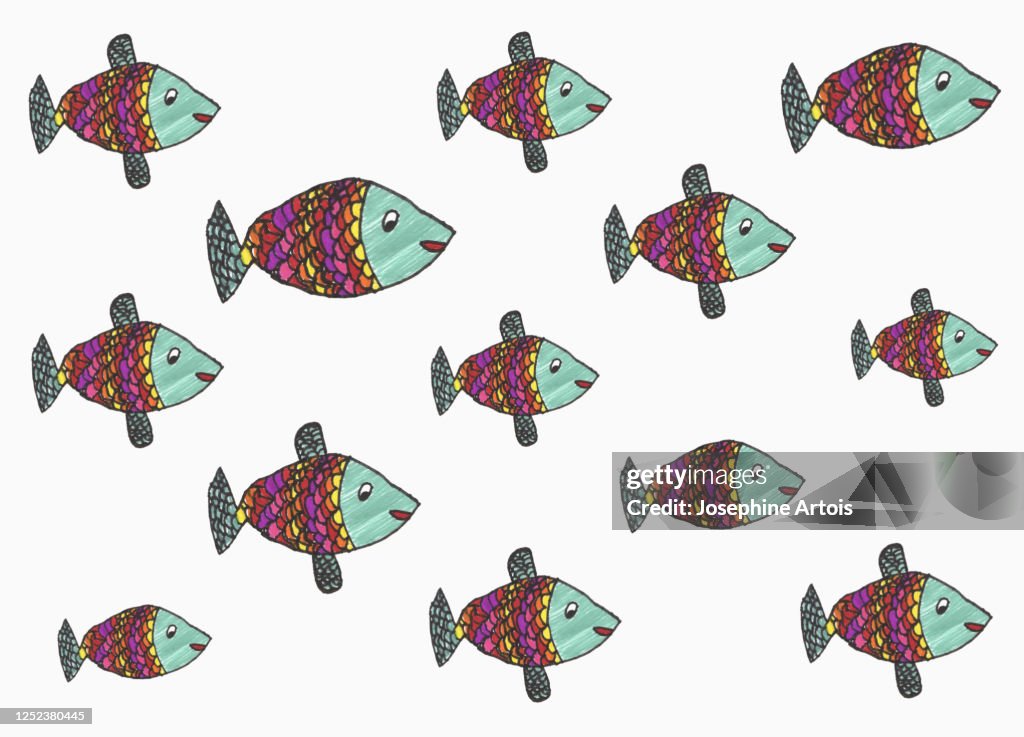 Childs drawing multicolor fish pattern on white background