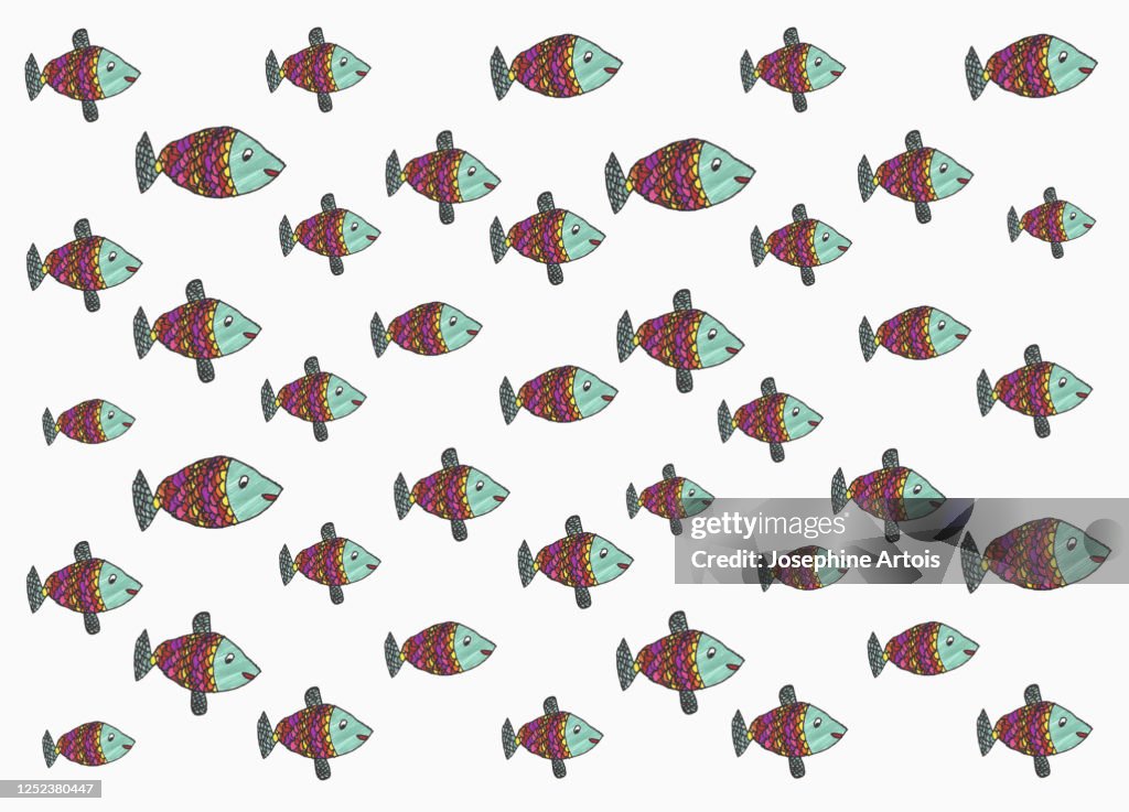 Childs drawing multicolor fish pattern on white background