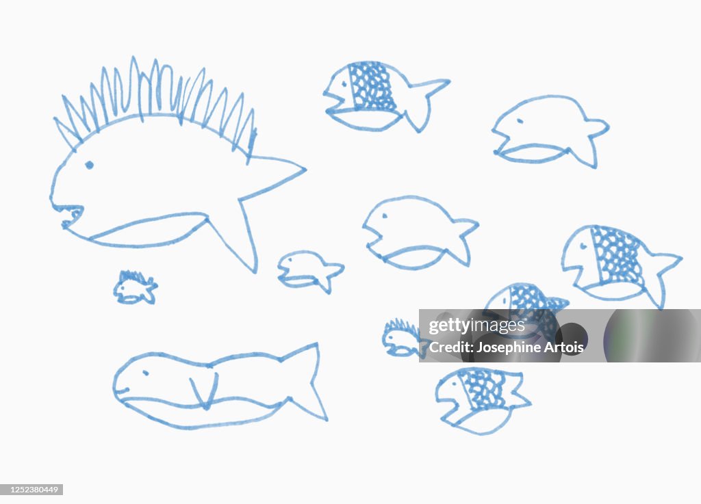 Childs drawing blue fish on white background